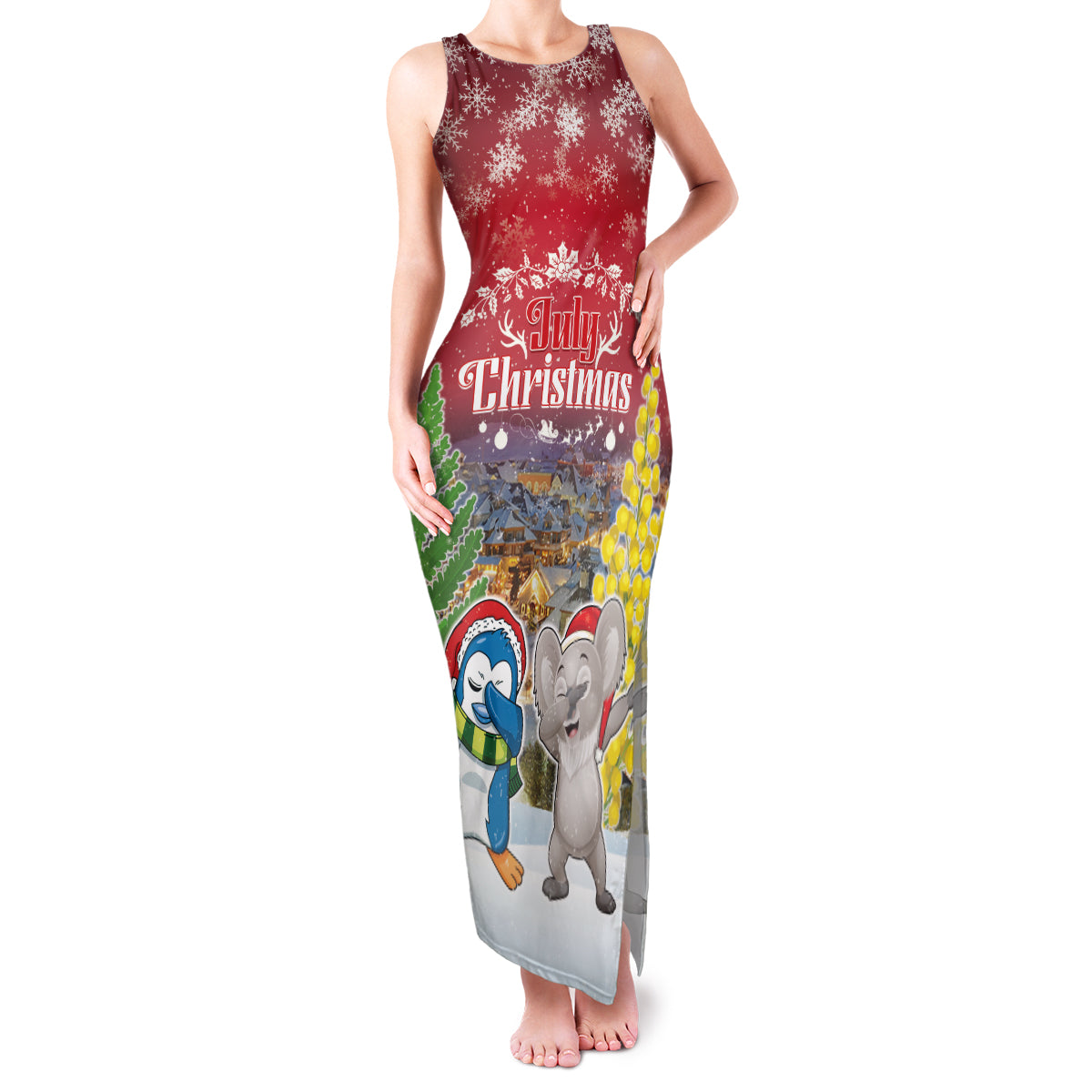 Personalised Christmas In July Family Matching Tank Maxi Dress and Hawaiian Shirt Funny Dabbing Dance Koala And Blue Penguins LT05 Mom's Dress Red - Polynesian Pride
