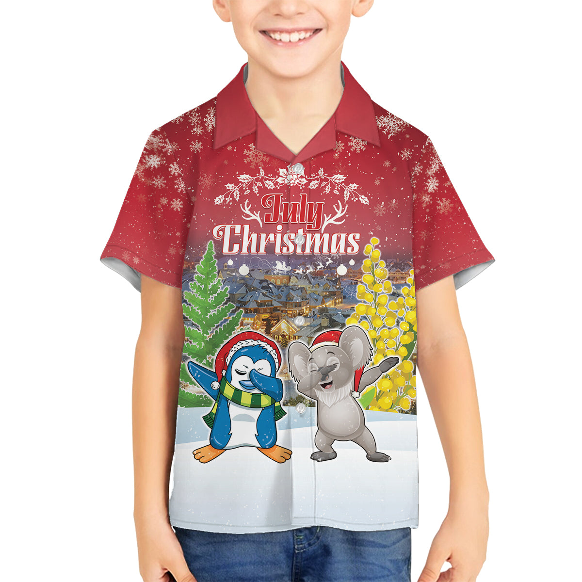 Personalised Christmas In July Family Matching Tank Maxi Dress and Hawaiian Shirt Funny Dabbing Dance Koala And Blue Penguins LT05 Son's Shirt Red - Polynesian Pride