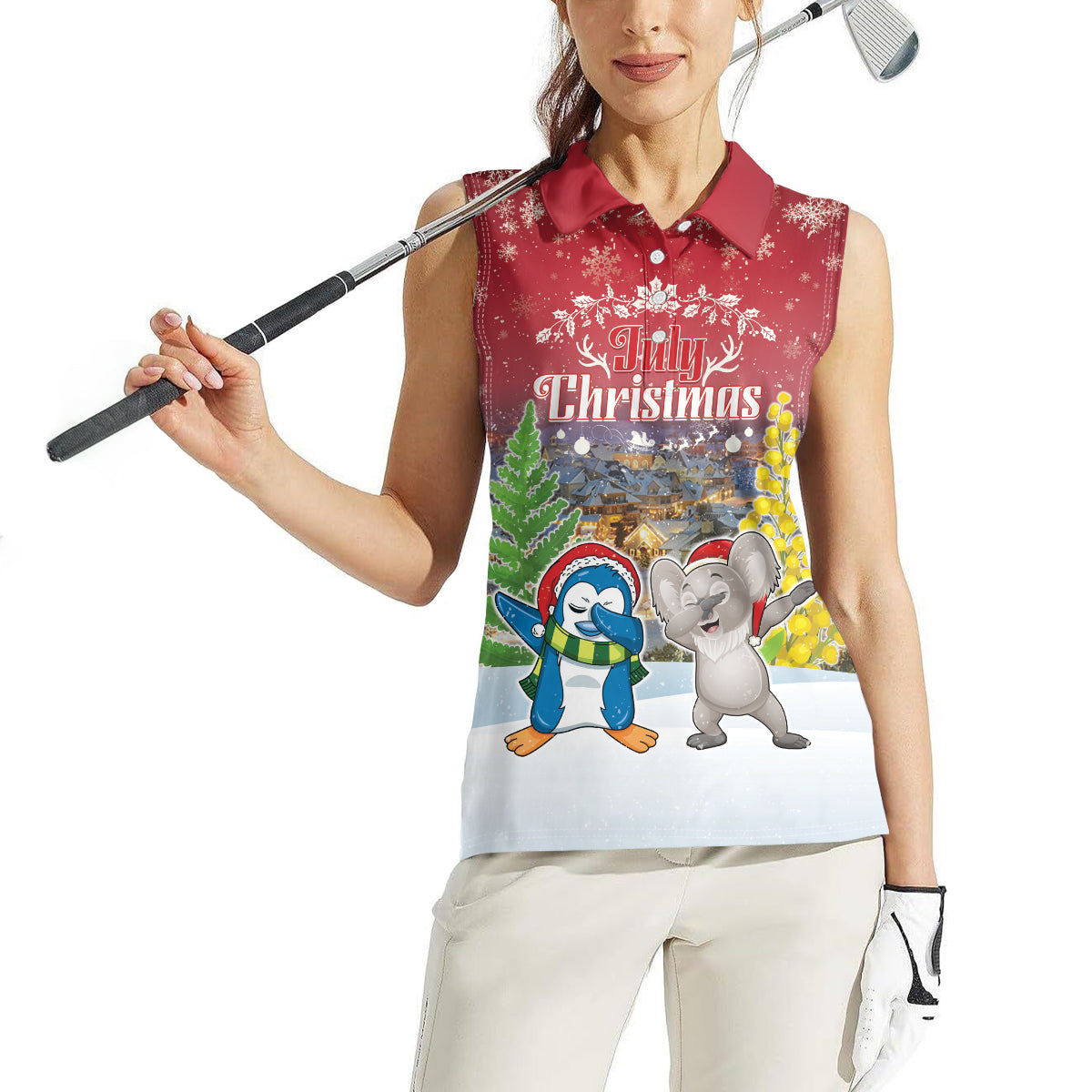 Personalised Christmas In July Women Sleeveless Polo Shirt Funny Dabbing Dance Koala And Blue Penguins LT05 - Polynesian Pride