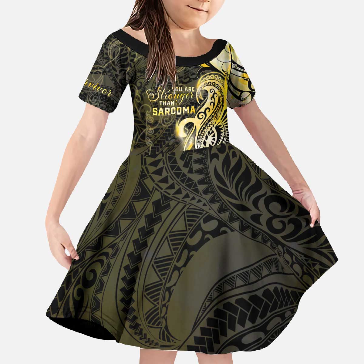 Sarcoma Awareness Family Matching Off The Shoulder Long Sleeve Dress and Hawaiian Shirt You Are Stronger Than Sarcoma LT05 Daughter's Dress Yellow - Polynesian Pride