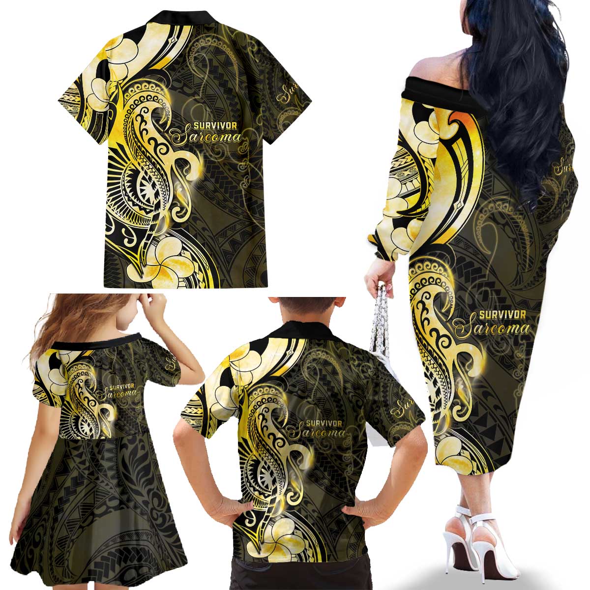 Sarcoma Awareness Family Matching Off The Shoulder Long Sleeve Dress and Hawaiian Shirt You Are Stronger Than Sarcoma LT05 - Polynesian Pride
