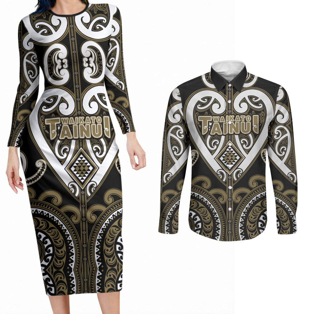 Custom Aotearoa Waikato Tainui Couples Matching Long Sleeve Bodycon Dress and Long Sleeve Button Shirt Maori Tribal Pattern