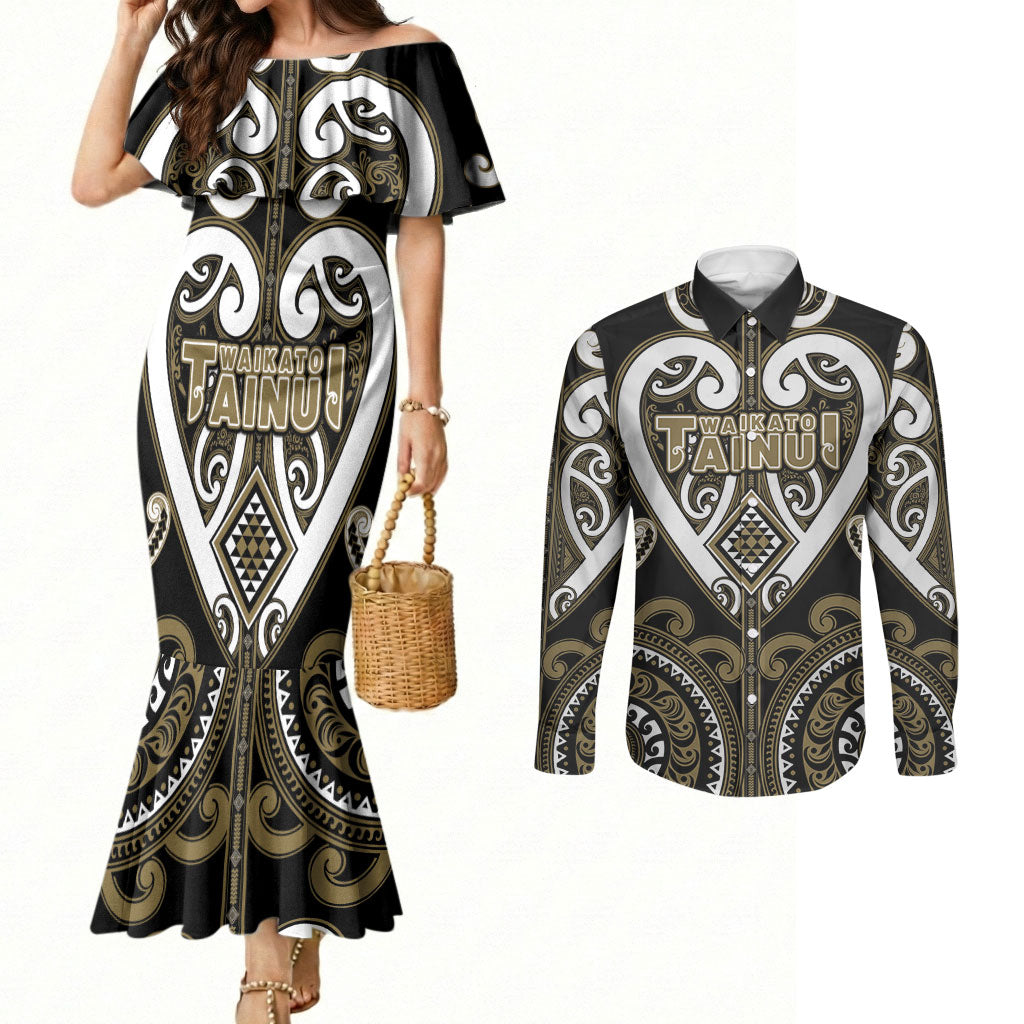 Custom Aotearoa Waikato Tainui Couples Matching Mermaid Dress and Long Sleeve Button Shirt Maori Tribal Pattern LT05 Dark Yellow - Polynesian Pride