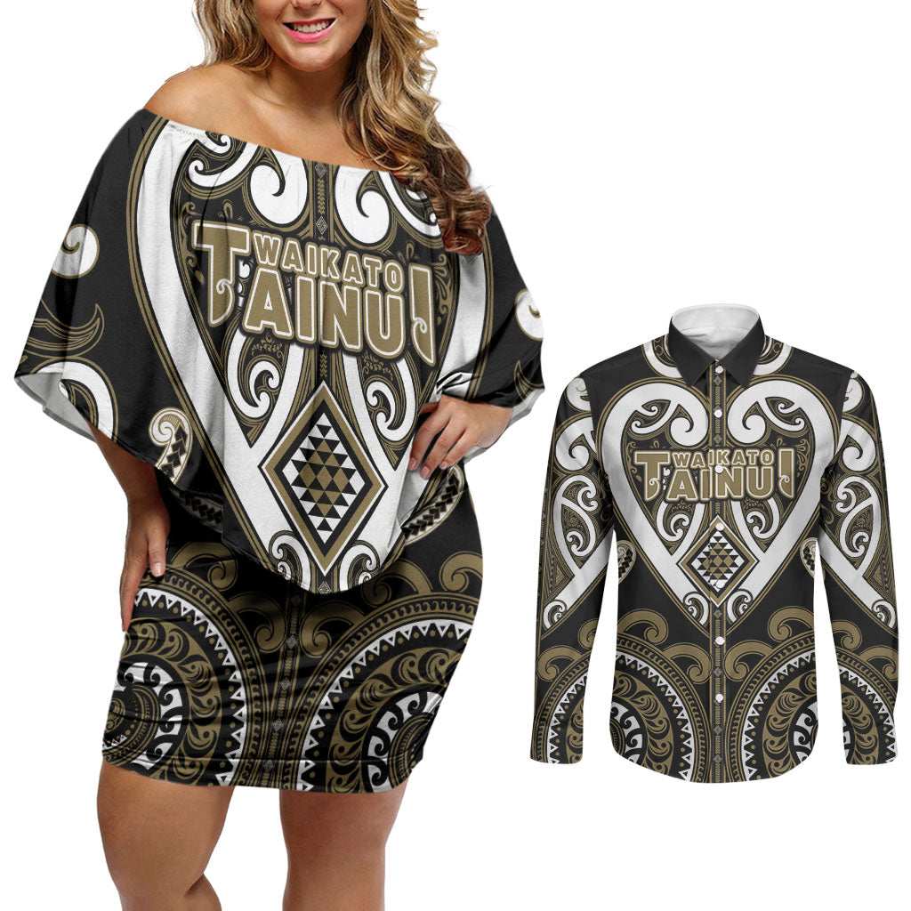 Custom Aotearoa Waikato Tainui Couples Matching Off Shoulder Short Dress and Long Sleeve Button Shirt Maori Tribal Pattern