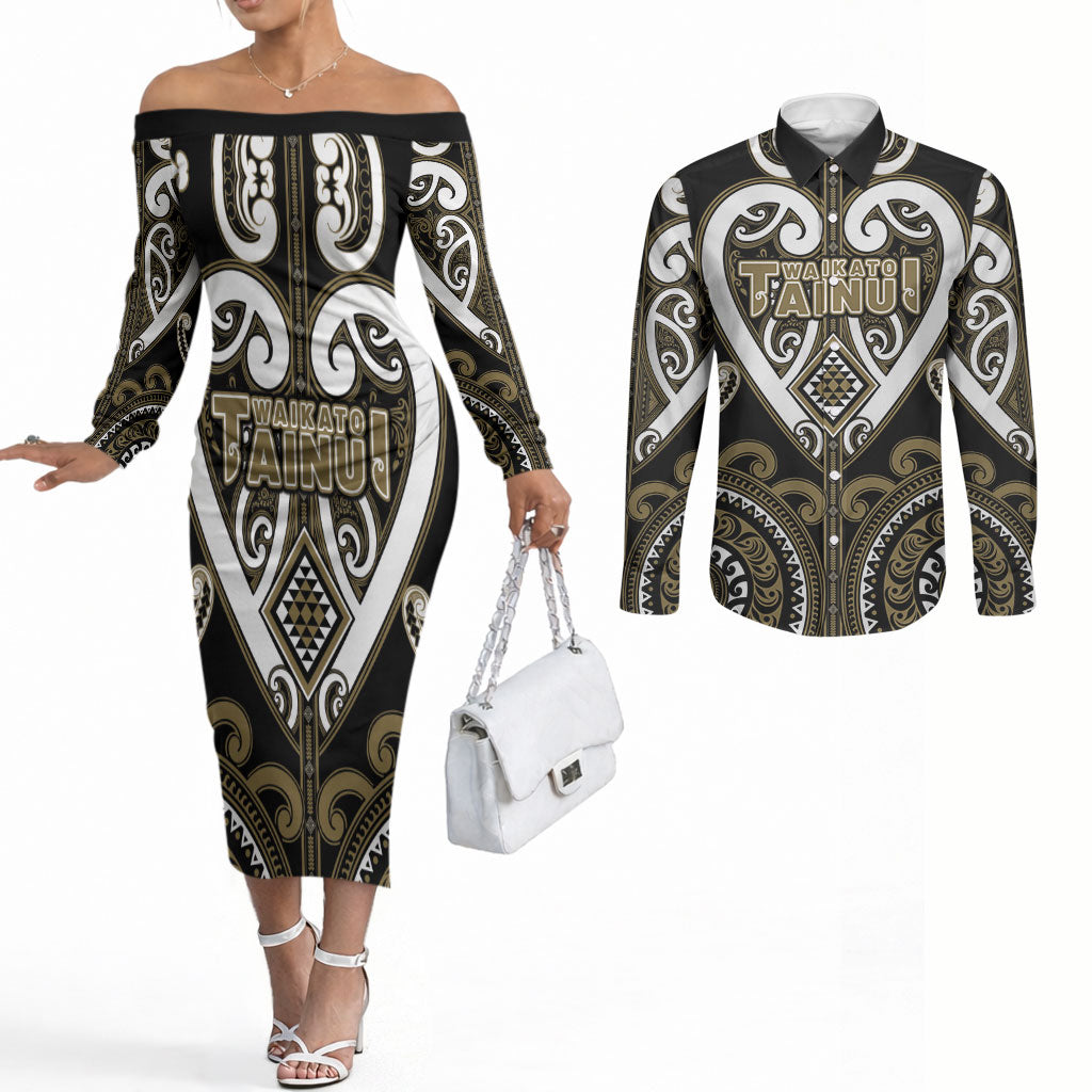 Custom Aotearoa Waikato Tainui Couples Matching Off The Shoulder Long Sleeve Dress and Long Sleeve Button Shirt Maori Tribal Pattern LT05 Dark Yellow - Polynesian Pride