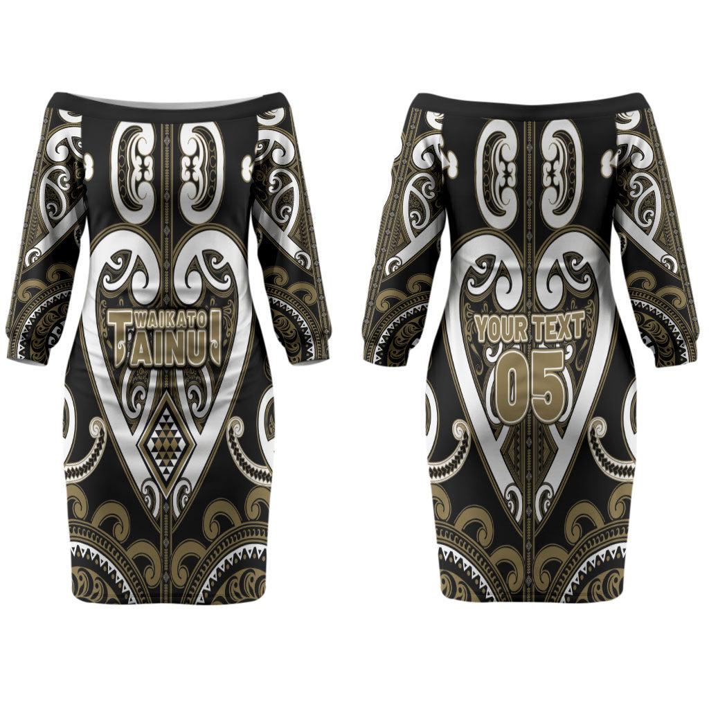 Custom Aotearoa Waikato Tainui Couples Matching Off The Shoulder Long Sleeve Dress and Long Sleeve Button Shirt Maori Tribal Pattern