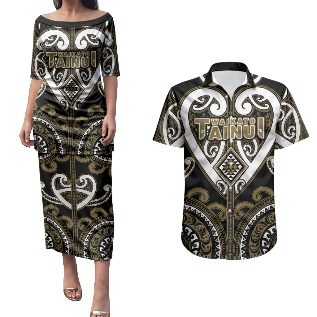 Custom Aotearoa Waikato Tainui Couples Matching Puletasi and Hawaiian Shirt Maori Tribal Pattern LT05 Dark Yellow - Polynesian Pride