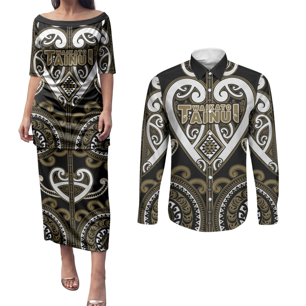 Custom Aotearoa Waikato Tainui Couples Matching Puletasi and Long Sleeve Button Shirt Maori Tribal Pattern LT05 Dark Yellow - Polynesian Pride