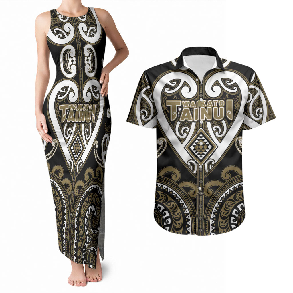Custom Aotearoa Waikato Tainui Couples Matching Tank Maxi Dress and Hawaiian Shirt Maori Tribal Pattern LT05 Dark Yellow - Polynesian Pride