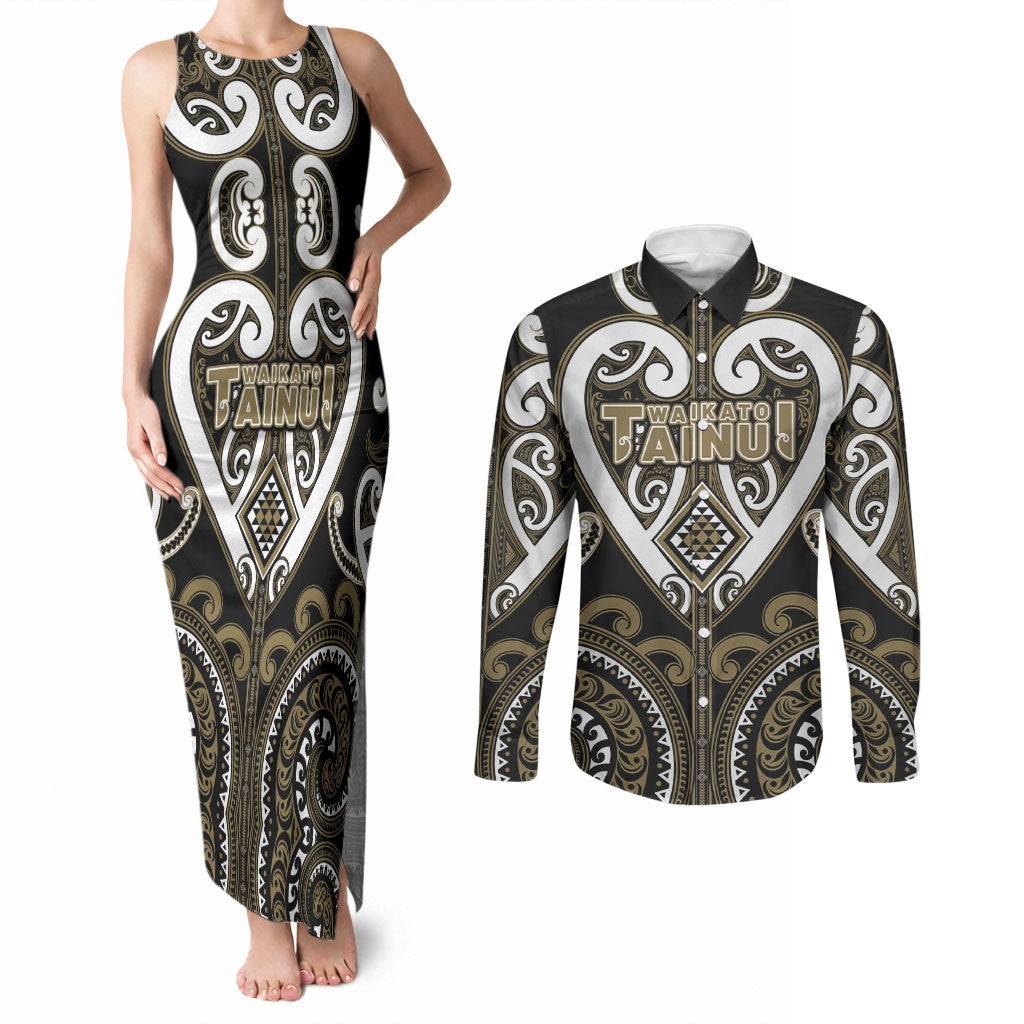 Custom Aotearoa Waikato Tainui Couples Matching Tank Maxi Dress and Long Sleeve Button Shirt Maori Tribal Pattern LT05 Dark Yellow - Polynesian Pride