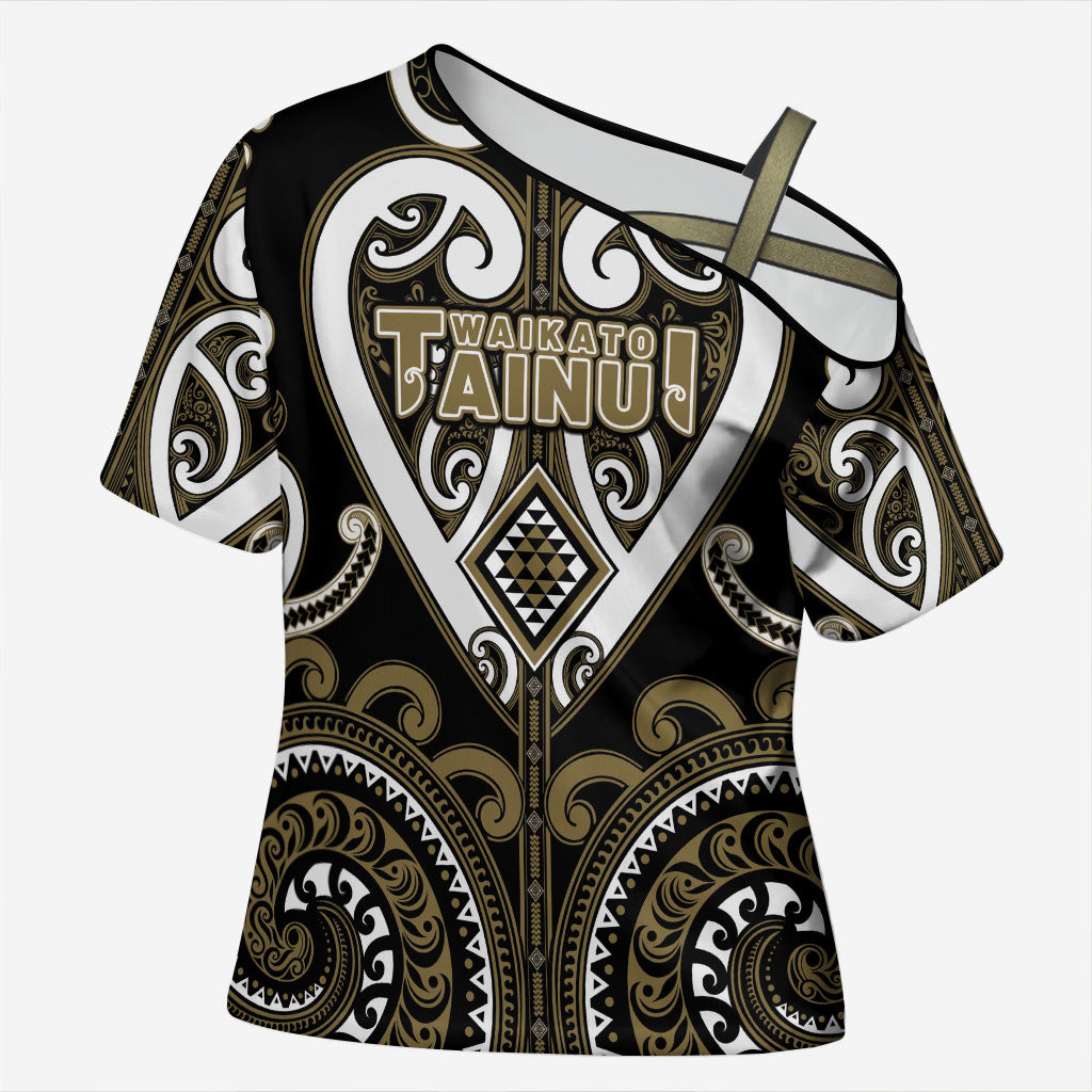 Custom Aotearoa Waikato Tainui Cross Shoulder Shirt Maori Tribal Pattern LT05 Female Dark Yellow - Polynesian Pride