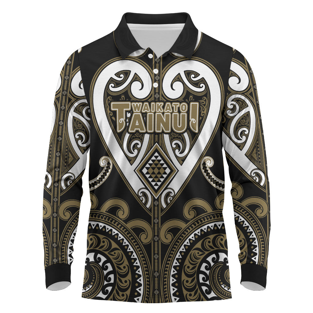Custom Aotearoa Waikato Tainui Long Sleeve Polo Shirt Maori Tribal Pattern LT05 Dark Yellow - Polynesian Pride