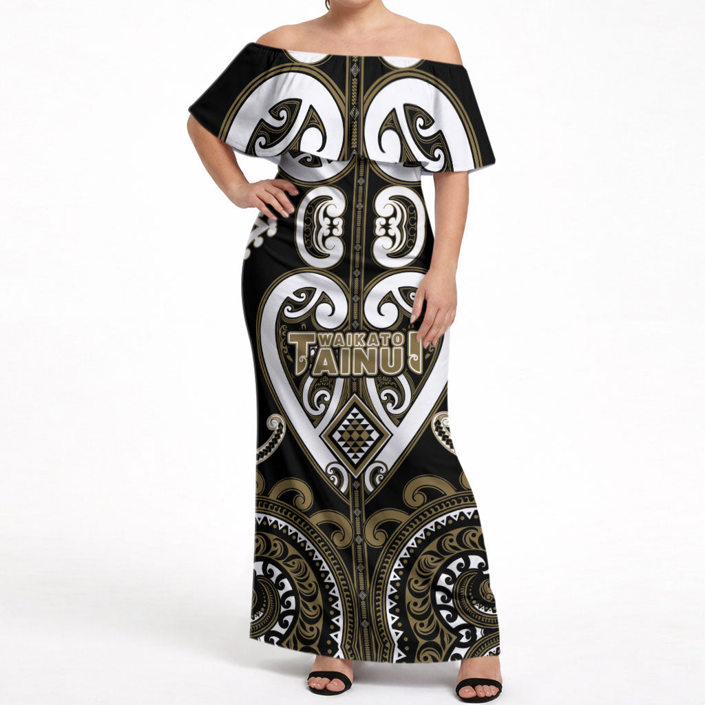 Custom Aotearoa Waikato Tainui Off Shoulder Maxi Dress Maori Tribal Pattern LT05 Women Dark Yellow - Polynesian Pride