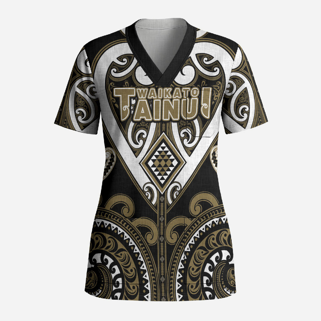 Custom Aotearoa Waikato Tainui Scrub Top Maori Tribal Pattern LT05 Adult Dark Yellow - Polynesian Pride