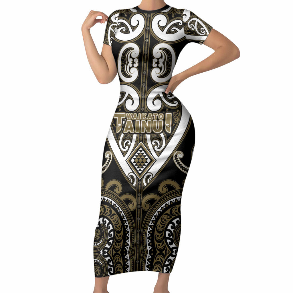 Custom Aotearoa Waikato Tainui Short Sleeve Bodycon Dress Maori Tribal Pattern