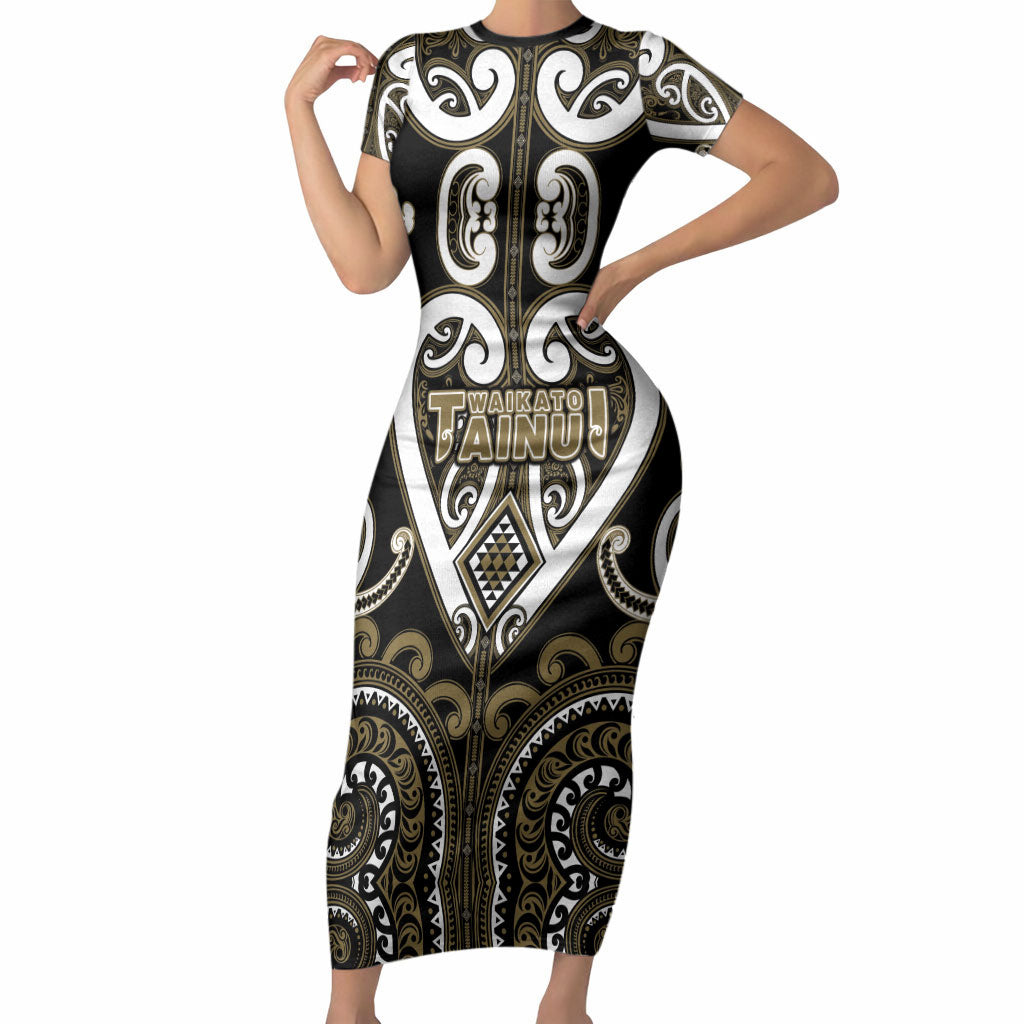 Custom Aotearoa Waikato Tainui Short Sleeve Bodycon Dress Maori Tribal Pattern LT05 Long Dress Dark Yellow - Polynesian Pride
