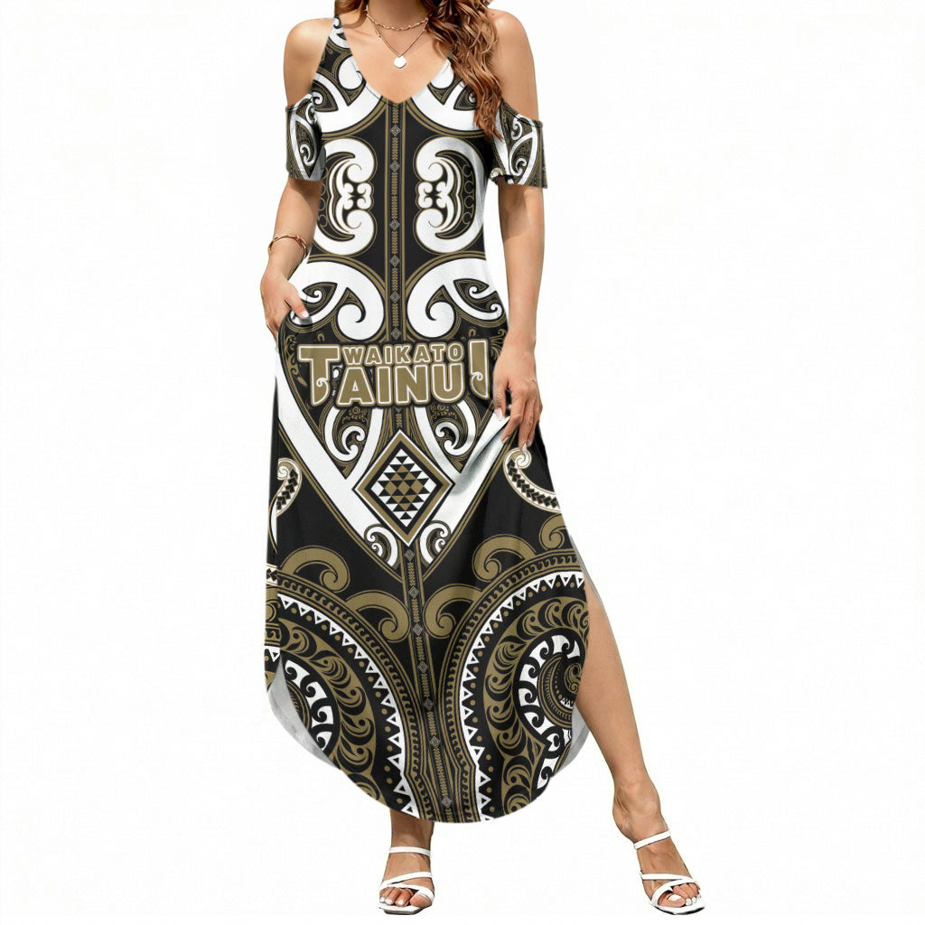 Custom Aotearoa Waikato Tainui Summer Maxi Dress Maori Tribal Pattern LT05 Women Dark Yellow - Polynesian Pride