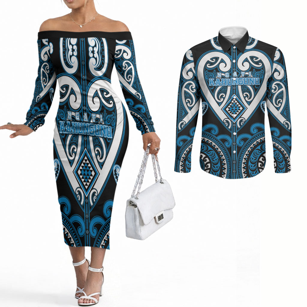 Custom Aotearoa Ngati Kahungunu Couples Matching Off The Shoulder Long Sleeve Dress and Long Sleeve Button Shirt Maori Tribal Pattern