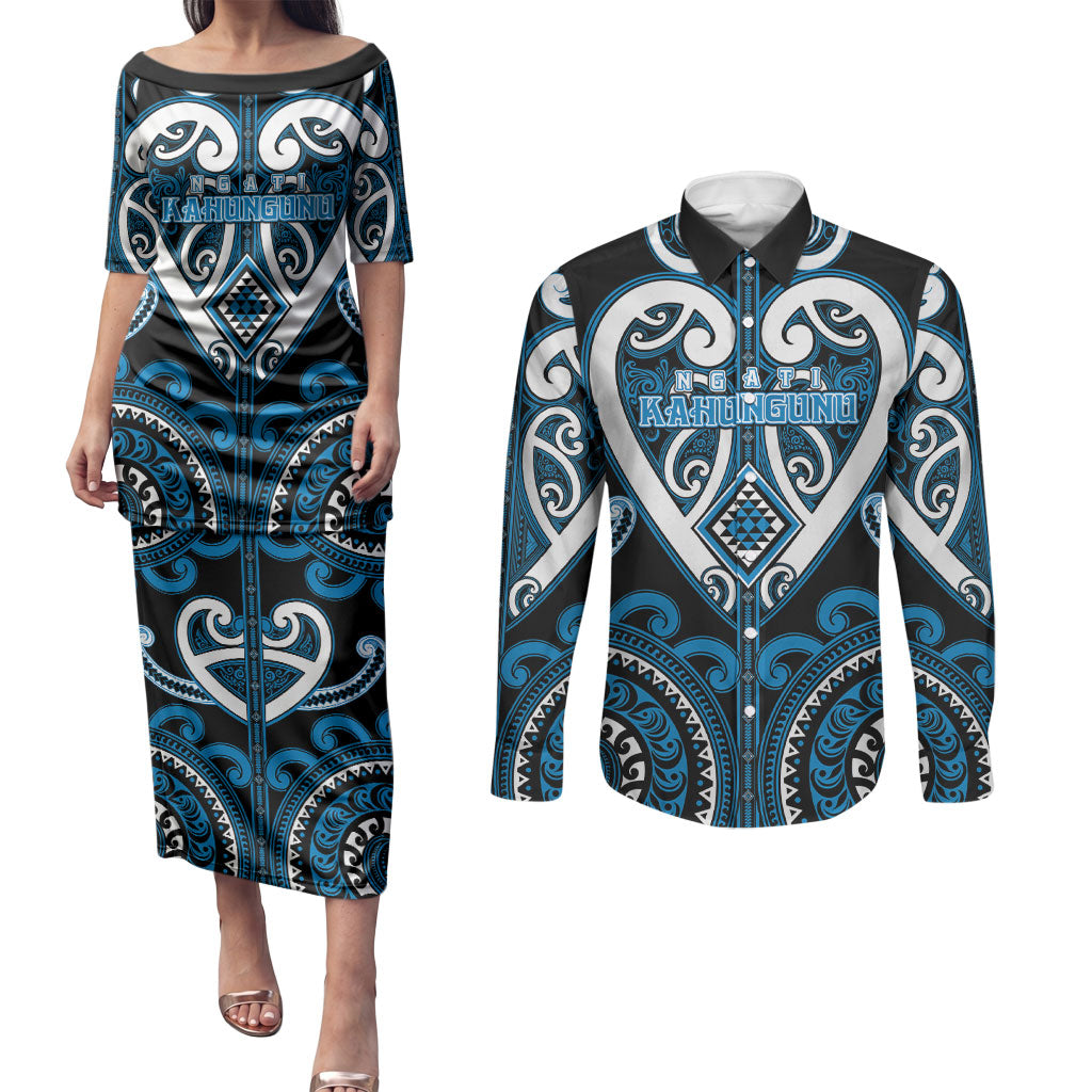 Custom Aotearoa Ngati Kahungunu Couples Matching Puletasi and Long Sleeve Button Shirt Maori Tribal Pattern LT05 Blue - Polynesian Pride