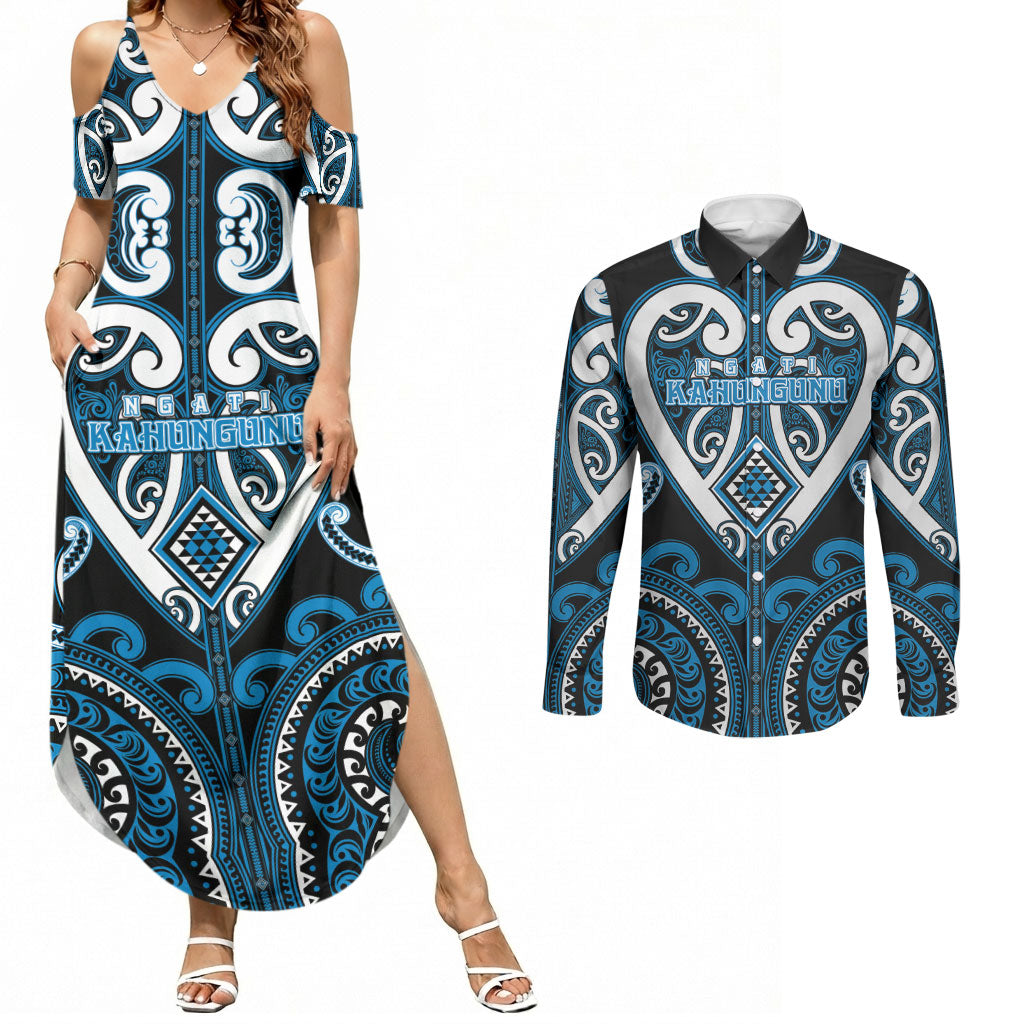 Custom Aotearoa Ngati Kahungunu Couples Matching Summer Maxi Dress and Long Sleeve Button Shirt Maori Tribal Pattern LT05 Blue - Polynesian Pride