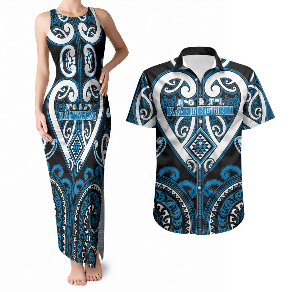 Custom Aotearoa Ngati Kahungunu Couples Matching Tank Maxi Dress and Hawaiian Shirt Maori Tribal Pattern LT05 Blue - Polynesian Pride