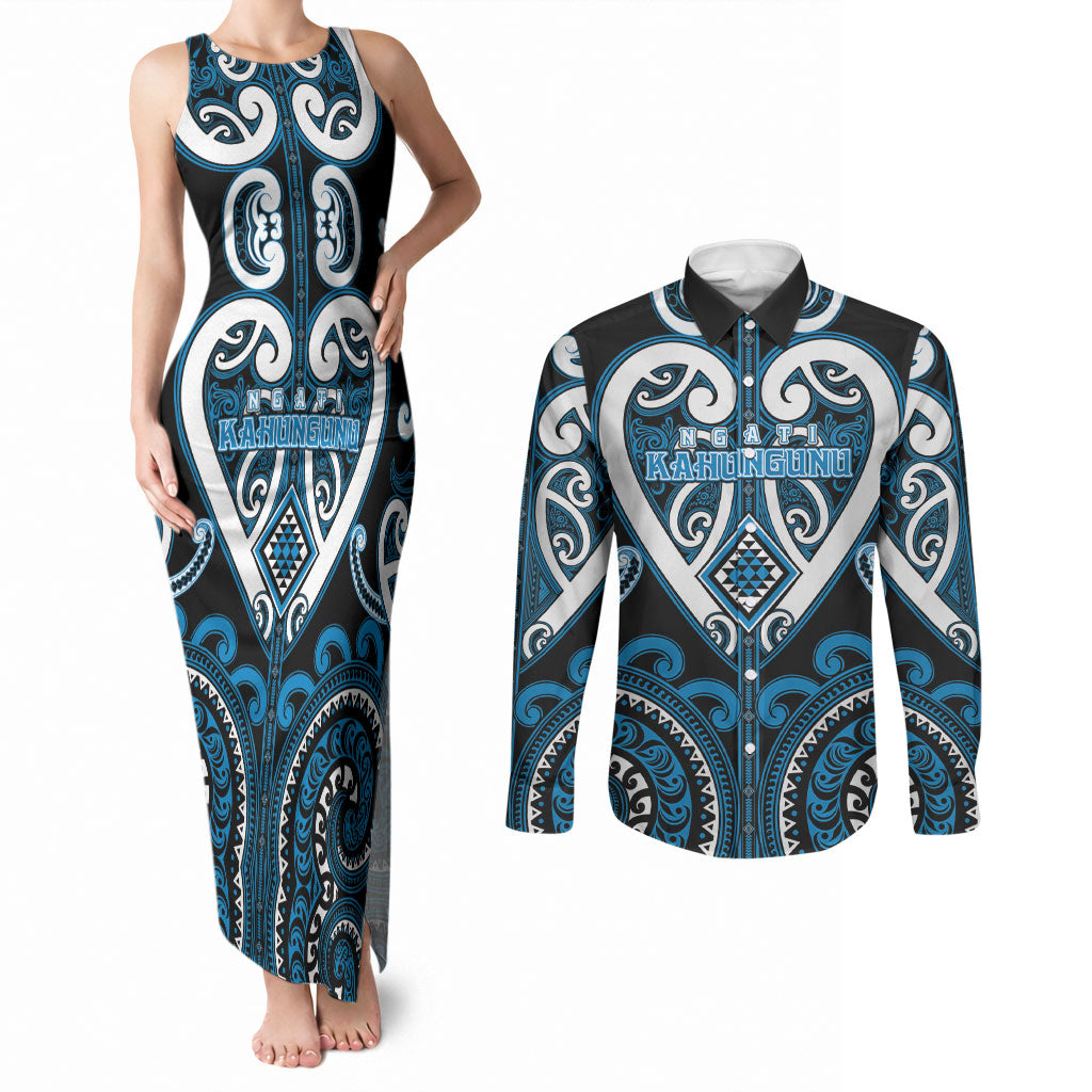 Custom Aotearoa Ngati Kahungunu Couples Matching Tank Maxi Dress and Long Sleeve Button Shirt Maori Tribal Pattern LT05 Blue - Polynesian Pride