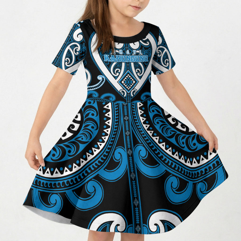 Custom Aotearoa Ngati Kahungunu Kid Short Sleeve Dress Maori Tribal Pattern LT05 KID Blue - Polynesian Pride