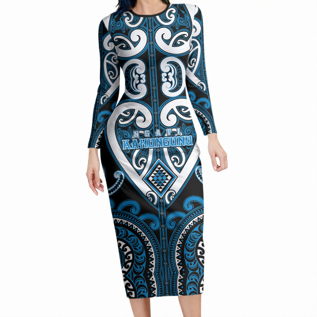 Custom Aotearoa Ngati Kahungunu Long Sleeve Bodycon Dress Maori Tribal Pattern LT05 Long Dress Blue - Polynesian Pride