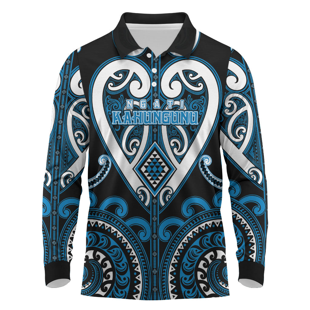 Custom Aotearoa Ngati Kahungunu Long Sleeve Polo Shirt Maori Tribal Pattern LT05 Blue - Polynesian Pride