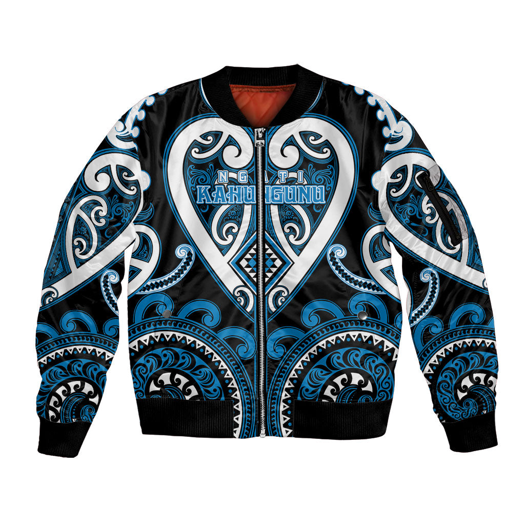Custom Aotearoa Ngati Kahungunu Sleeve Zip Bomber Jacket Maori Tribal Pattern LT05 Unisex Blue - Polynesian Pride
