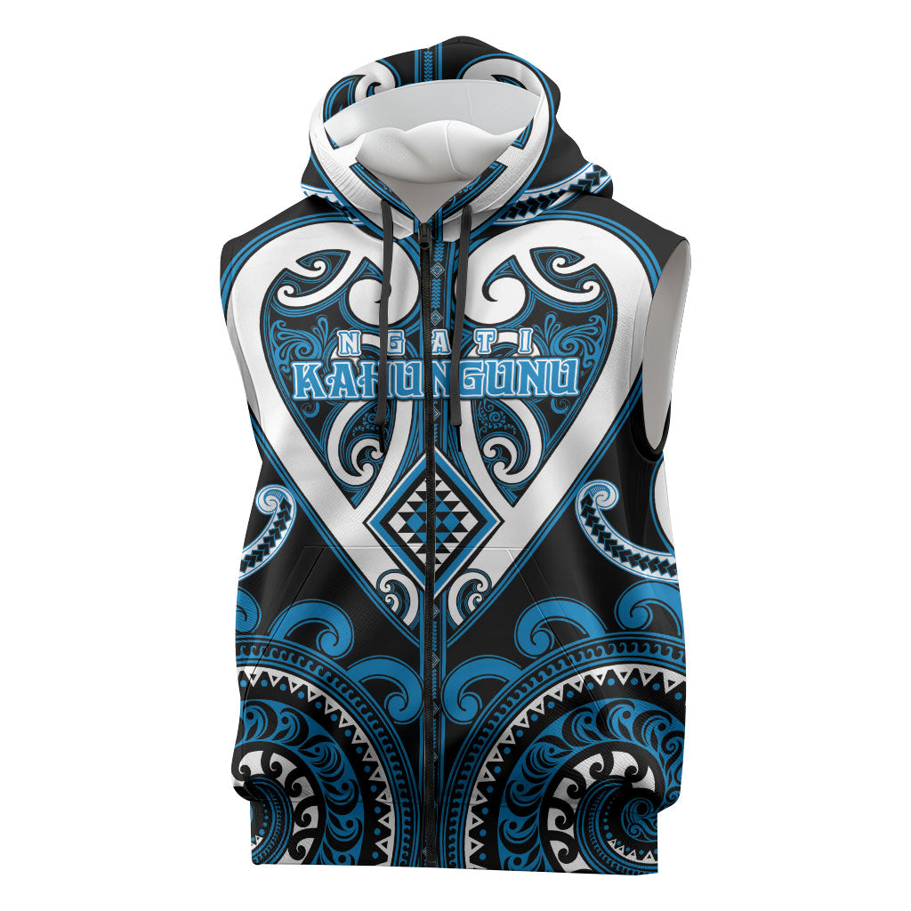 Custom Aotearoa Ngati Kahungunu Sleeveless Zip Hoodie Maori Tribal Pattern LT05 Blue - Polynesian Pride
