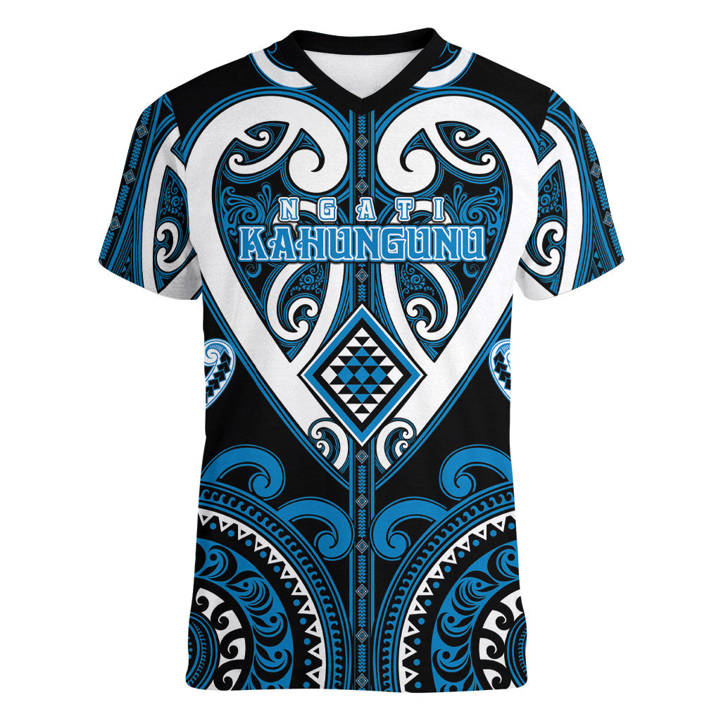 Custom Aotearoa Ngati Kahungunu Women V-Neck T-Shirt Maori Tribal Pattern LT05 Female Blue - Polynesian Pride
