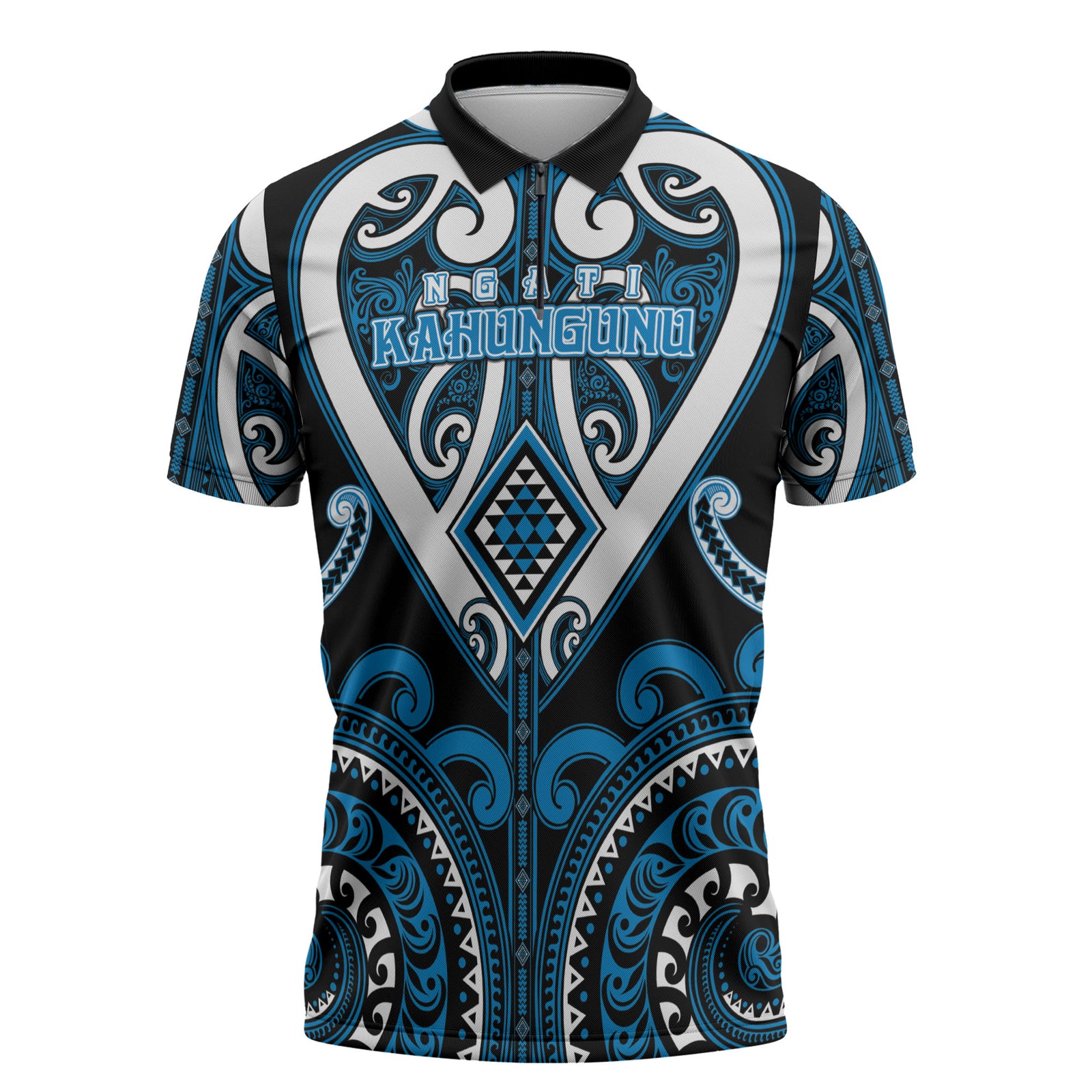 Custom Aotearoa Ngati Kahungunu Zipper Polo Shirt Maori Tribal Pattern LT05 Blue - Polynesian Pride