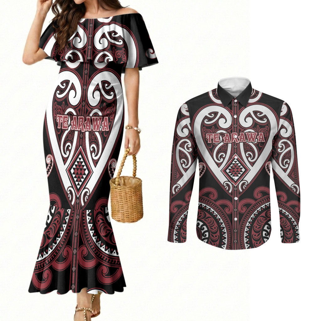 Custom Aotearoa Te Arawa Couples Matching Mermaid Dress and Long Sleeve Button Shirt Maori Tribal Pattern LT05 Red - Polynesian Pride