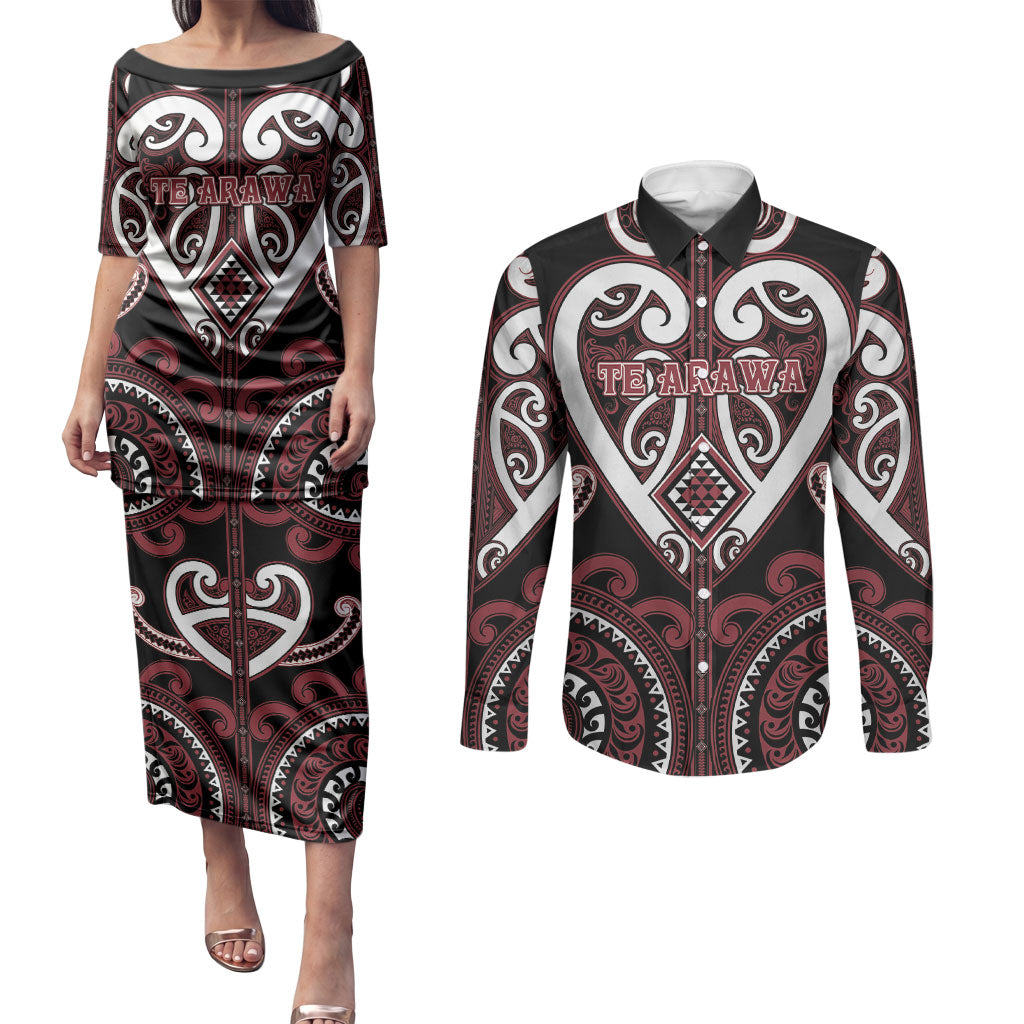 Custom Aotearoa Te Arawa Couples Matching Puletasi and Long Sleeve Button Shirt Maori Tribal Pattern LT05 Red - Polynesian Pride