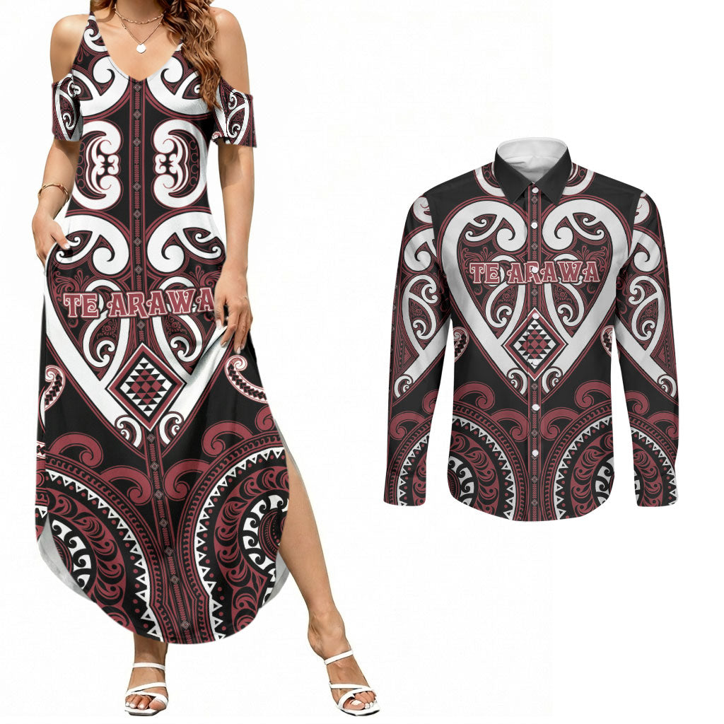 Custom Aotearoa Te Arawa Couples Matching Summer Maxi Dress and Long Sleeve Button Shirt Maori Tribal Pattern LT05 Red - Polynesian Pride