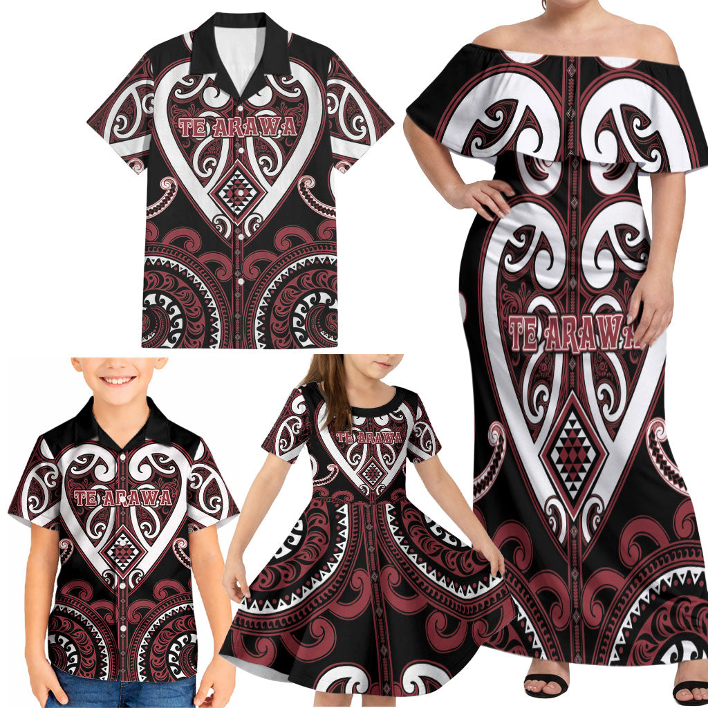 Custom Aotearoa Te Arawa Family Matching Off Shoulder Maxi Dress and Hawaiian Shirt Maori Tribal Pattern