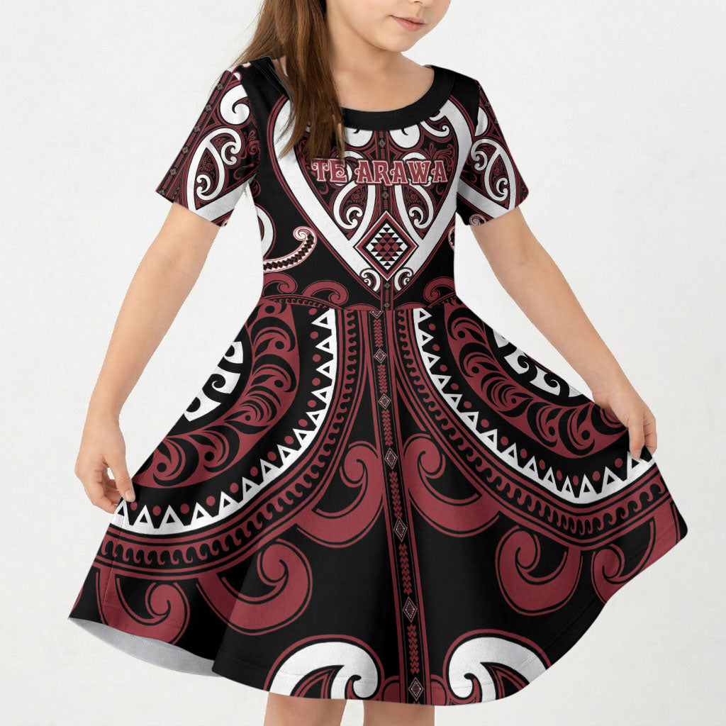 Custom Aotearoa Te Arawa Kid Short Sleeve Dress Maori Tribal Pattern LT05 KID Red - Polynesian Pride