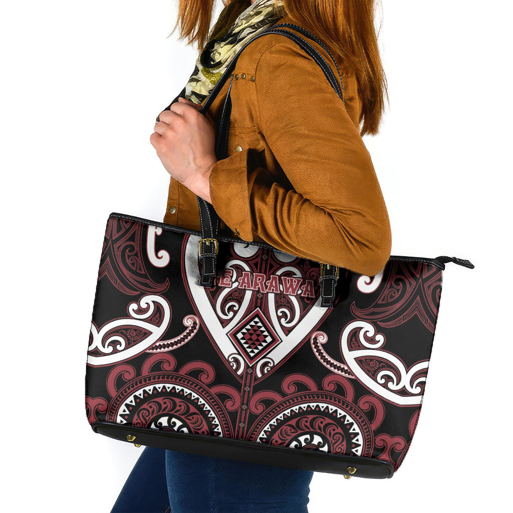 Aotearoa Te Arawa Leather Tote Bag Maori Tribal Pattern LT05 Red - Polynesian Pride