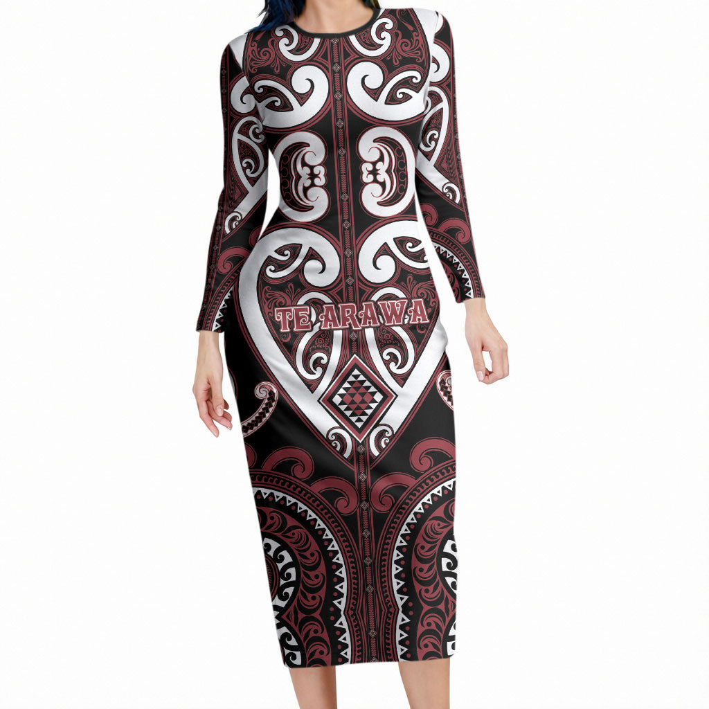 Custom Aotearoa Te Arawa Long Sleeve Bodycon Dress Maori Tribal Pattern LT05 Long Dress Red - Polynesian Pride