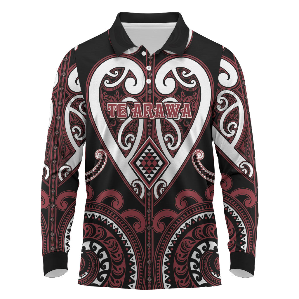 Custom Aotearoa Te Arawa Long Sleeve Polo Shirt Maori Tribal Pattern LT05 Red - Polynesian Pride