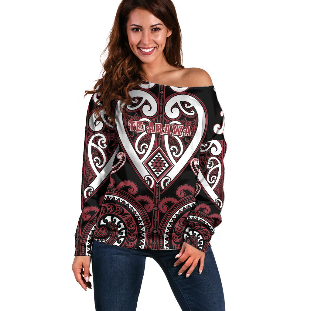 Custom Aotearoa Te Arawa Off Shoulder Sweater Maori Tribal Pattern LT05 Women Red - Polynesian Pride
