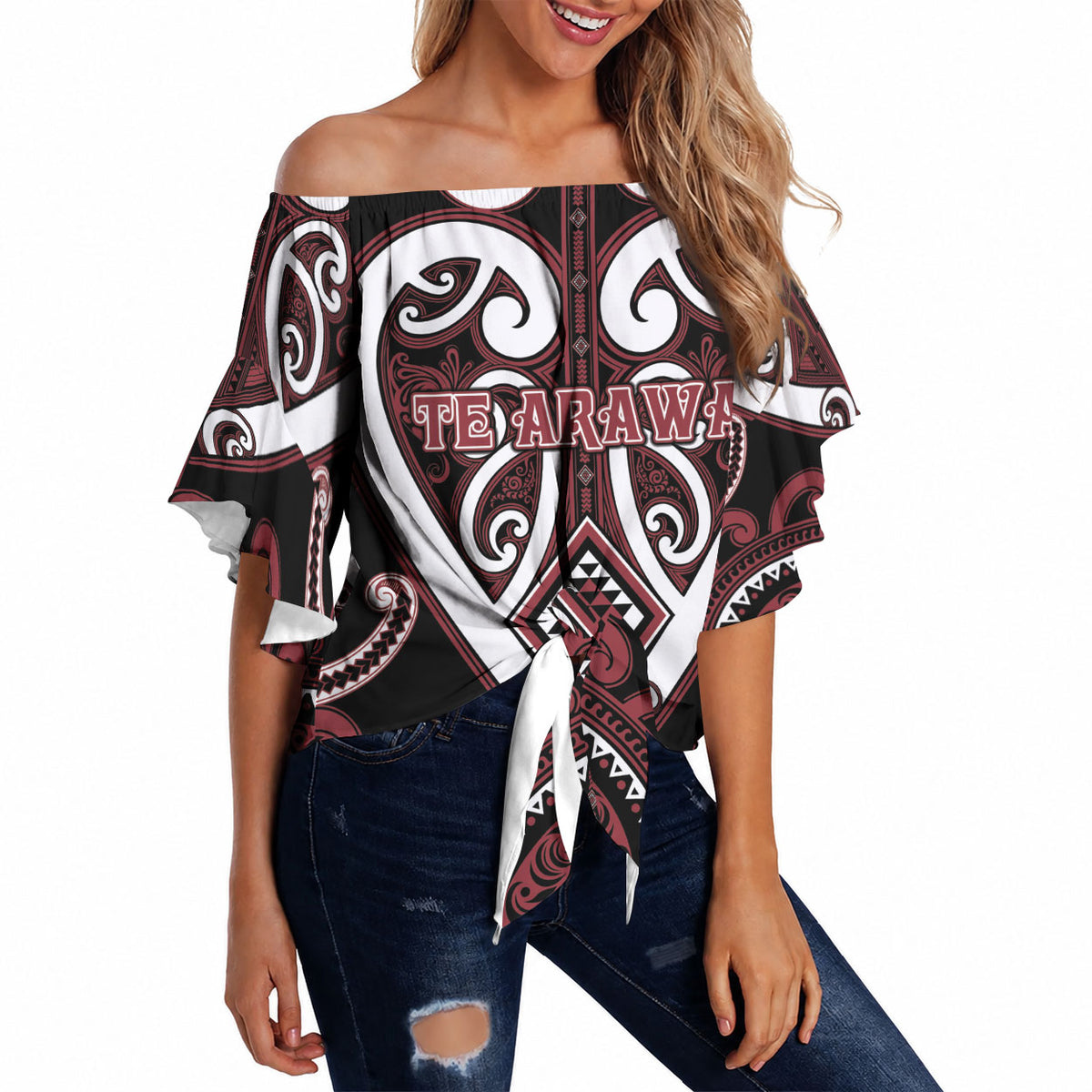 Custom Aotearoa Te Arawa Off Shoulder Wrap Waist Top Maori Tribal Pattern LT05 - Polynesian Pride