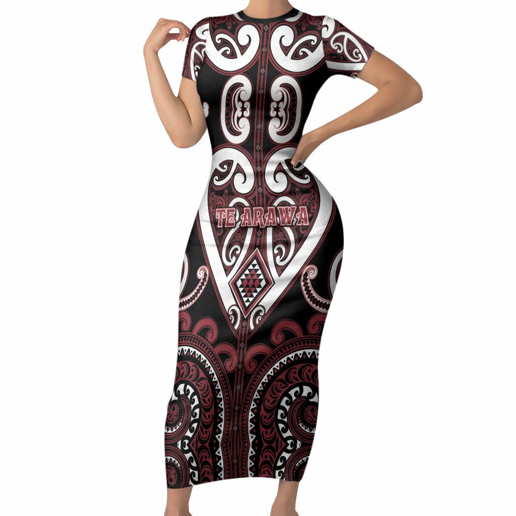 Custom Aotearoa Te Arawa Short Sleeve Bodycon Dress Maori Tribal Pattern LT05 Long Dress Red - Polynesian Pride