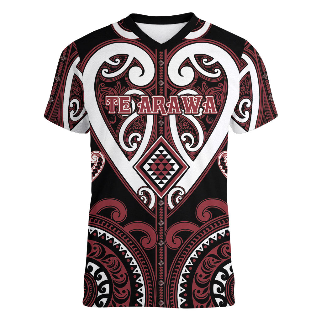 Custom Aotearoa Te Arawa Women V-Neck T-Shirt Maori Tribal Pattern LT05 Female Red - Polynesian Pride