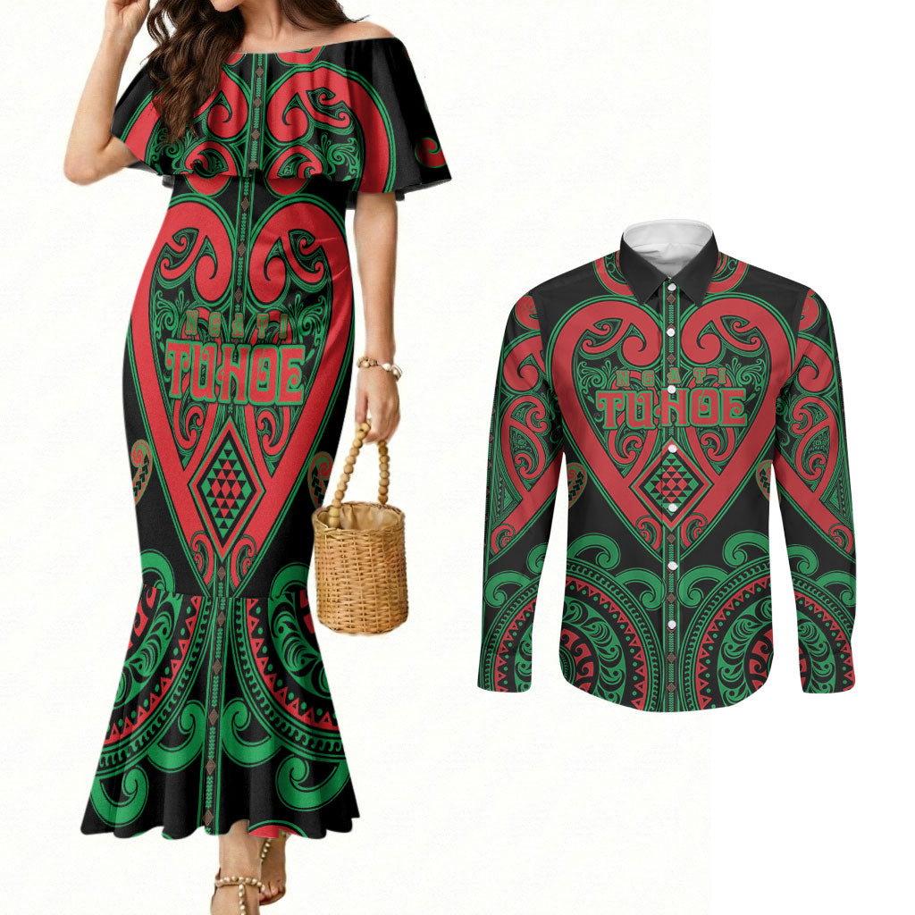 Custom Aotearoa Ngai Tuhoe Couples Matching Mermaid Dress and Long Sleeve Button Shirt Maori Tribal Pattern LT05 Black - Polynesian Pride