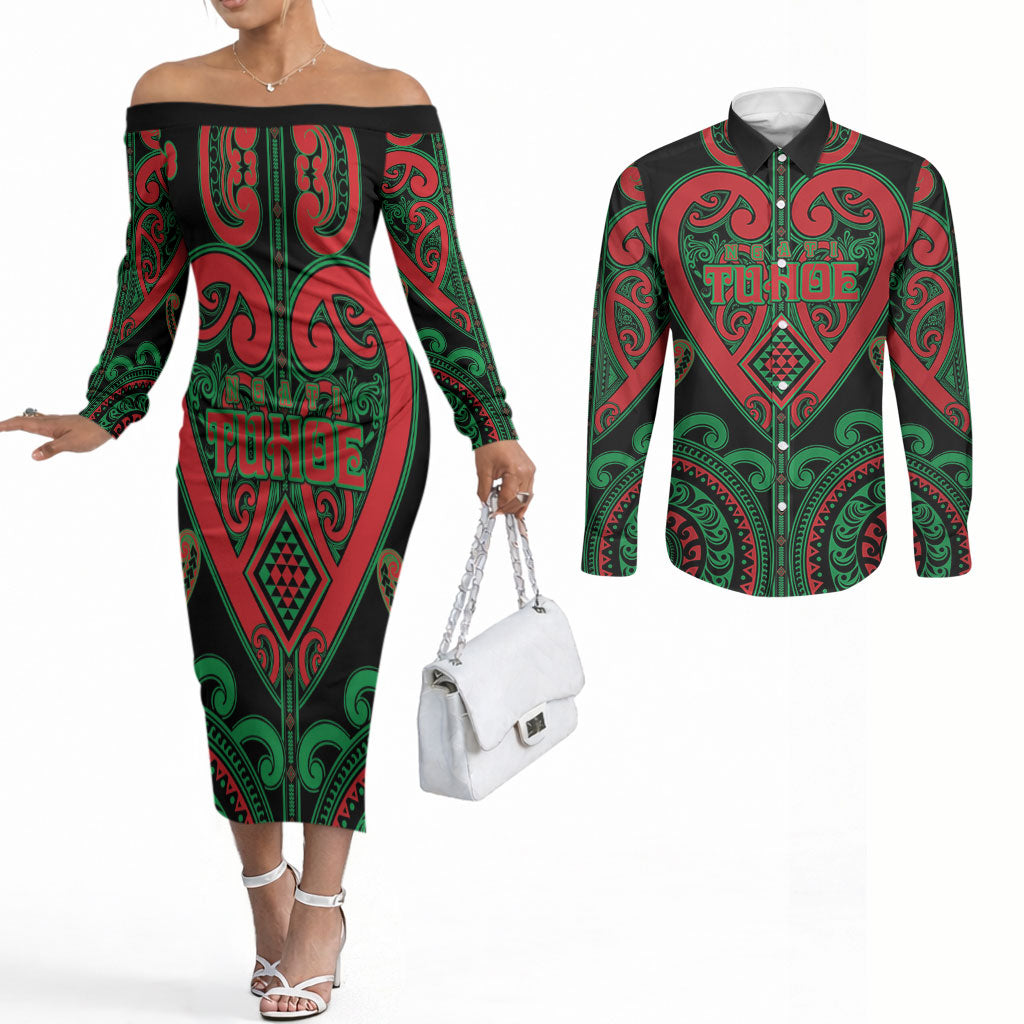 Custom Aotearoa Ngai Tuhoe Couples Matching Off The Shoulder Long Sleeve Dress and Long Sleeve Button Shirt Maori Tribal Pattern LT05 Black - Polynesian Pride