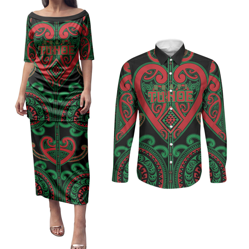 Custom Aotearoa Ngai Tuhoe Couples Matching Puletasi and Long Sleeve Button Shirt Maori Tribal Pattern LT05 Black - Polynesian Pride