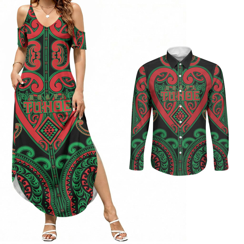 Custom Aotearoa Ngai Tuhoe Couples Matching Summer Maxi Dress and Long Sleeve Button Shirt Maori Tribal Pattern LT05 Black - Polynesian Pride