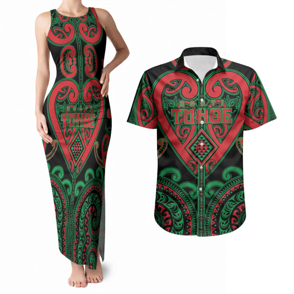 Custom Aotearoa Ngai Tuhoe Couples Matching Tank Maxi Dress and Hawaiian Shirt Maori Tribal Pattern LT05 Black - Polynesian Pride